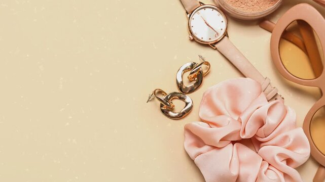Trendy Silk Scrunchies animation. Trendy Silk Scrunchies Background. Set of Stylish Scrunchies on Color Background.