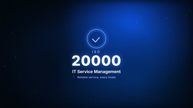 IT Service Management ISO 20000 Certification Badge Kinetic Typography Motion Graphic Animation with Glowing Ring and Checkmark on Blue Background