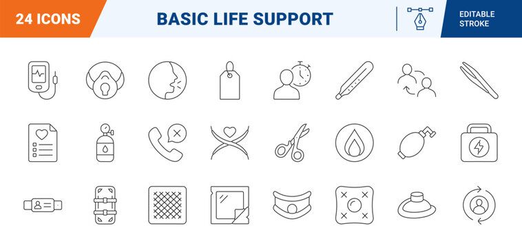 Basic life support training line icon set. Vector pictograms of cpr, first aid, emergency resuscitation, and medical training elements, thin linear illustration.