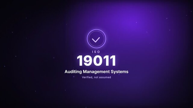 Auditing Management Systems ISO 19011 Certification Badge Kinetic Typography Motion Graphic Animation with Glowing Ring and Checkmark on Purple Background