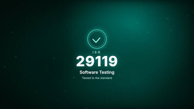 Software Testing ISO 29119 Certification Badge Kinetic Typography Motion Graphic Animation with Glowing Ring and Checkmark on Teal Background