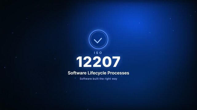 Software Lifecycle Processes ISO 12207 Certification Badge Kinetic Typography Motion Graphic Animation with Glowing Ring and Checkmark on Blue Background