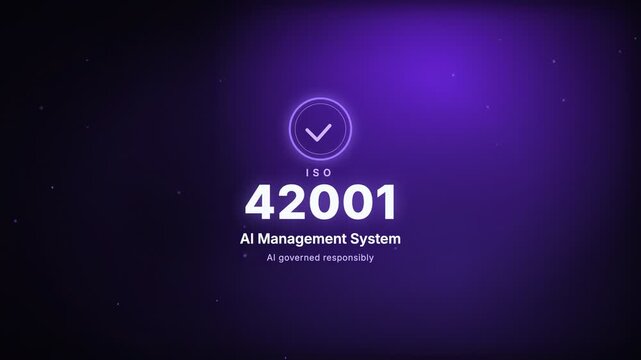AI Management System ISO 42001 Certification Badge Kinetic Typography Motion Graphic Animation with Glowing Ring and Checkmark on Purple Background