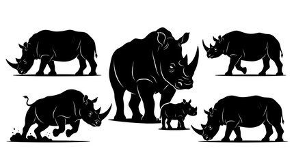 Black rhinoceros silhouettes, rhino icons, animal graphics, wildlife illustrations, 5-piece set © Farmanfor