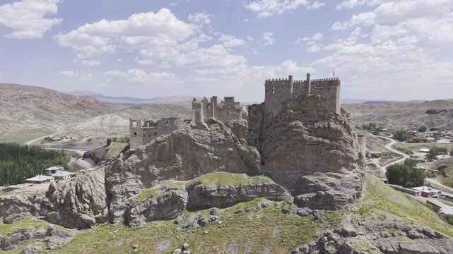 Cinematic Drone Footage of Hoshap Castle, Historic Fortress in Van Turkey Mountain Landscape