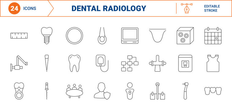Dental radiology line icon set. Vector pictograms of diagnostic imaging, patient safety, clinical workflow, and teeth anatomy elements, thin linear illustration.