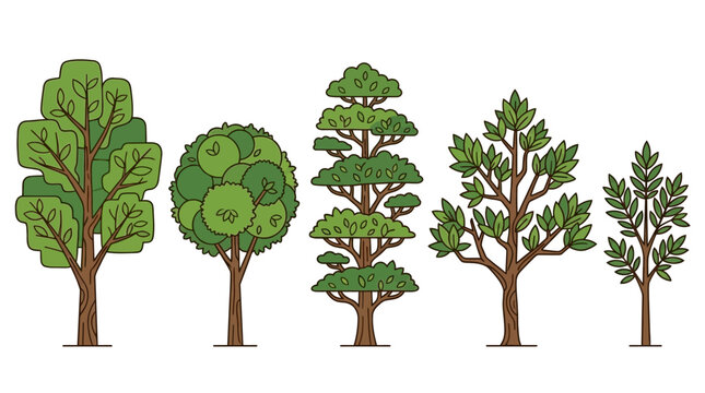 Ilustraci&oacute;n vectorial de una fila de cinco &aacute;rboles estilizados con diferentes formas de follaje verde y troncos marrones, aislados sobre un fondo blanco, perfectos para dise&ntilde;o gr&aacute;fico y elementos de