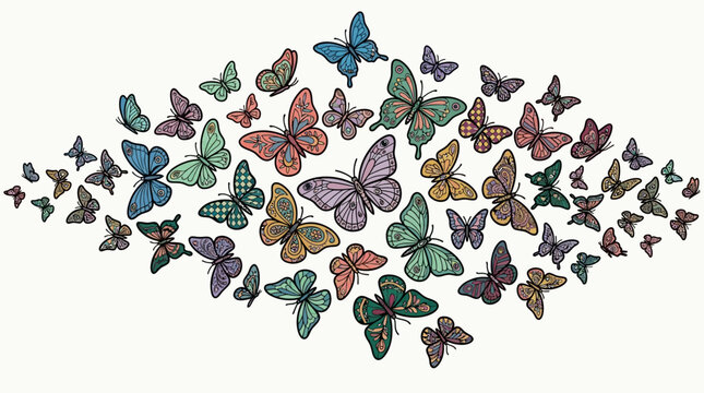 Une composition artistique de nombreux papillons color&eacute;s aux motifs vari&eacute;s dispos&eacute;s en forme de nuage sur un fond blanc &eacute;pur&eacute; pour un design d&eacute;coratif &eacute;l&eacute;gant.