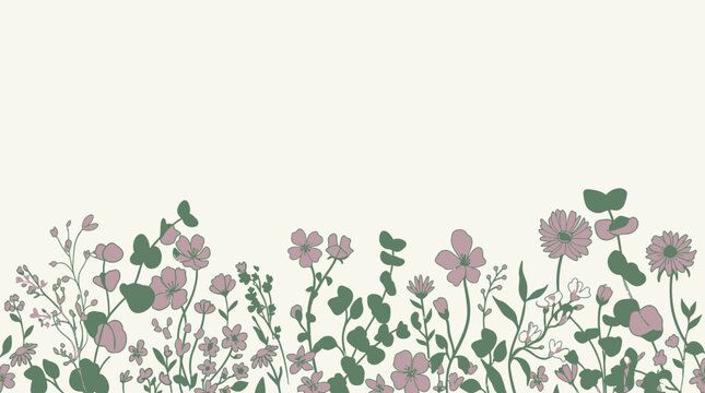 Nahtloses florales Muster mit handgezeichneten Wiesenblumen und Eukalyptuszweigen in sanften Pastellfarben auf einem hellen, cremefarbenen Hintergrund mit viel Kopierraum.