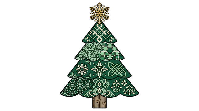 &Aacute;rbol de Navidad estilizado con patrones ornamentales verdes y una estrella dorada brillante, ideal para dise&ntilde;os festivos y decoraciones navide&ntilde;as.