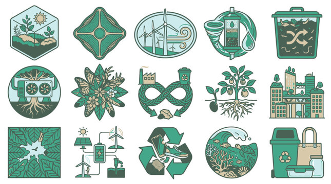 Conjunto de iconos vectoriales planos sobre sostenibilidad ambiental, energ&iacute;a renovable, reciclaje, econom&iacute;a circular y ecolog&iacute;a urbana en tonos verdes sobre un fondo blanco limpio.