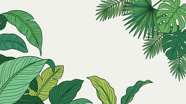 Arri&egrave;re-plan &eacute;l&eacute;gant avec des feuilles tropicales luxuriantes et des plantes exotiques dessin&eacute;es &agrave; la main, offrant un espace de copie central pour le design et la typographie.