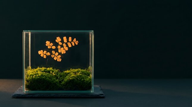 Glass terrarium with maidenhair fern leaflets glowing translucent amber in low-angle autumn light over moss base on dark background, last light phenology micro-season autumn light botanical concept