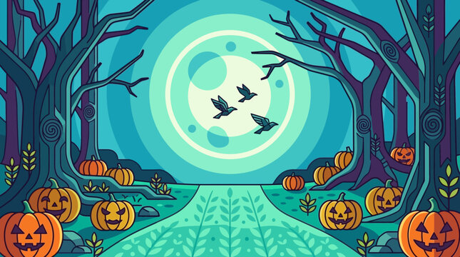 Illustrazione vettoriale di una foresta incantata di Halloween con zucche intagliate, alberi spogli, una luna piena luminosa e uccelli in volo in un'atmosfera magica e misteriosa.