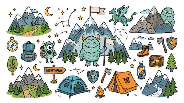 Ensemble d'illustrations vectorielles style griffonnage sur le th&egrave;me de l'aventure en montagne avec des monstres sympathiques, des tentes, des arbres et des &eacute;quipements de randonn&eacute;e