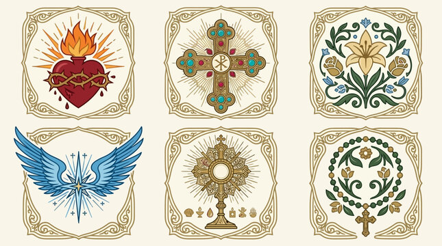 Set von sechs religi&ouml;sen Symbolen im Vintage-Stil mit heiligem Herzen, Kreuz, Lilien, Engelsfl&uuml;geln, Monstranz und Rosenkranz in dekorativen quadratischen Rahmen auf hellem Hintergrund.