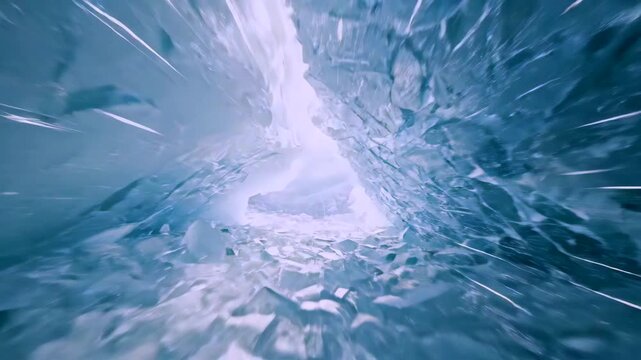 Underwater ice fracture tunnel with fast moving water and cracked frozen walls, dynamic plunge through glacial ice passage showing cold blue light, shards and turbulent icy flow.