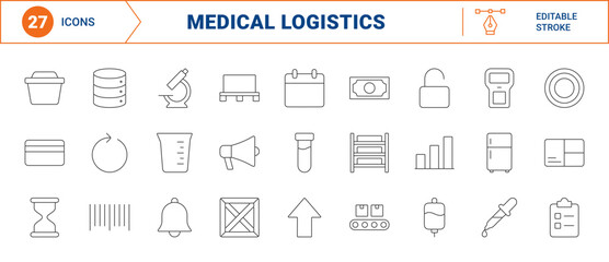 Fototapeta premium Pharmacy stock replenishment line icon set. Vector pictograms of medical inventory, drugstore logistics, pharmaceutical supply, and healthcare warehousing elements, thin linear illustration.