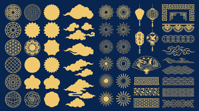 Conjunto de elementos decorativos tradicionales chinos en color dorado sobre fondo azul oscuro, incluyendo patrones circulares, nubes estilizadas, farolillos, abanicos y cenefas ornamentales.