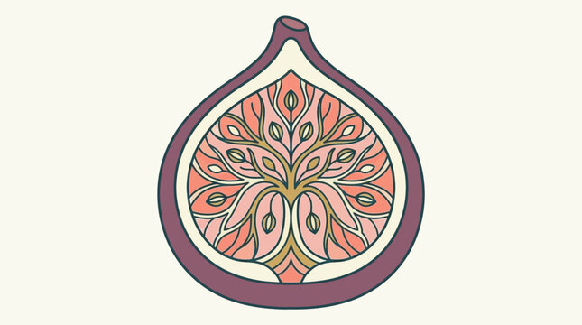 Illustration vectorielle stylis&eacute;e d'une figue coup&eacute;e en deux avec des motifs ornementaux d&eacute;taill&eacute;s et des couleurs pastel &eacute;l&eacute;gantes sur un fond cr&egrave;me clair pour un design moderne.