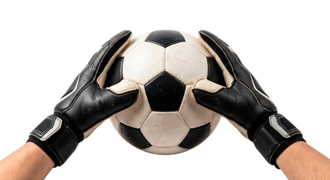 Goalkeeper Gloves Holding Black and White Soccer Ball on White Studio Background