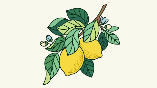 Eine dekorative Illustration eines Zitronenzweigs mit zwei reifen gelben Zitronen, gr&uuml;nen Bl&auml;ttern und kleinen Bl&uuml;ten im flachen, grafischen Stil auf einem hellen Hintergrund.