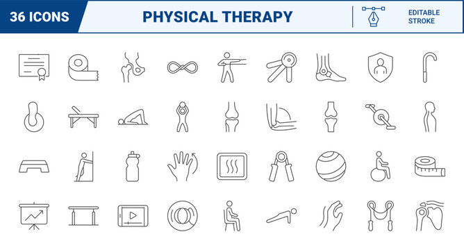 Physical therapy line icon set. Vector pictograms of rehabilitation, stretching, posture correction, and mobility exercise elements, thin linear illustration.