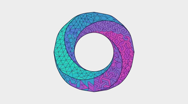 Un anello circolare astratto composto da segmenti geometrici colorati con motivi intricati in sfumature di blu, viola e ciano su uno sfondo grigio chiaro minimalista.