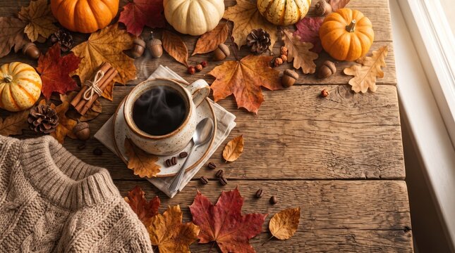 Autumnal Comfort: A cozy scene featuring a warm cup of coffee, miniature pumpkins, colorful fallen leaves, acorns, and a knitted sweater, set on a rustic wooden table.