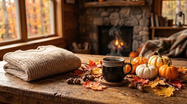 Cozy Autumn Hearthside: A warm woolen sweater rests beside a steaming mug of coffee, surrounded by vibrant autumn leaves and mini pumpkins, with a crackling fireplace visible through a window.
