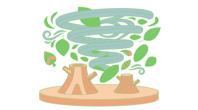 Illustration vectorielle d'une tornade tourbillonnante avec des feuilles vertes volant au-dessus de souches d'arbres coup&eacute;s sur un fond blanc, symbolisant la d&eacute;forestation et les catastrophes