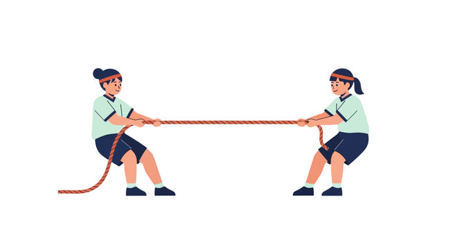 Two cartoon characters playing tug of war game.