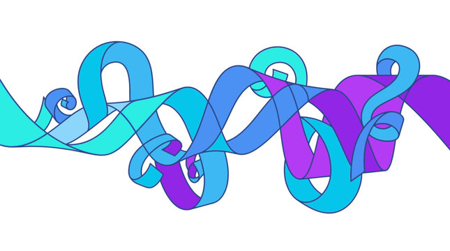 Composici&oacute;n abstracta de cintas onduladas entrelazadas en tonos vibrantes de azul, cian y violeta sobre un fondo blanco limpio, ideal para dise&ntilde;o gr&aacute;fico moderno y creativo.