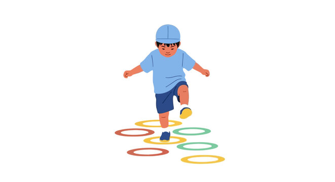 Child playing with colorful hula hoops outdoors.