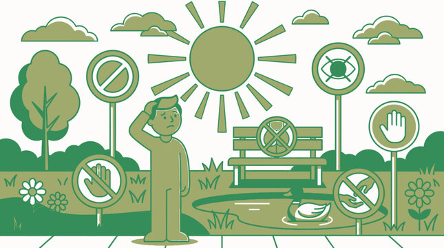 Ilustraci&oacute;n vectorial de un parque p&uacute;blico con se&ntilde;ales de prohibici&oacute;n, un hombre confundido, un banco, un estanque con un pato y un sol brillante en un estilo gr&aacute;fico minimalista de dos tonos