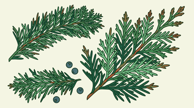 Ilustraci&oacute;n bot&aacute;nica detallada de ramas de con&iacute;feras y bayas de enebro sobre un fondo de color crema, ideal para dise&ntilde;os de naturaleza, papeler&iacute;a y proyectos de arte bot&aacute;nico cl&aacute;sico.