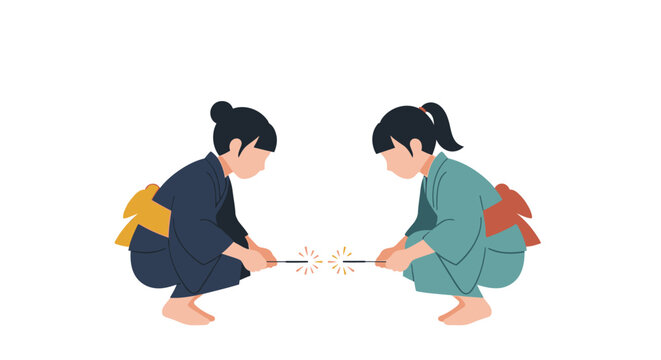 Two children playing traditional Japanese tug of war game.