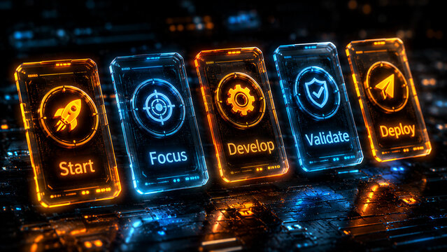 Futuristic Digital Product Workflow Interface with Start Focus Develop Validate and Deploy Stages