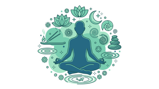 Ilustraci&oacute;n vectorial de una silueta humana en posici&oacute;n de loto rodeada de elementos zen como flores de loto, piedras apiladas, incienso y ondas de agua en tonos verdes y azulados.