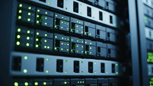Close-Up View of a Massive Data Storage Array Featuring Rows of Small Hard Drive Caddies Illuminated by Green Indicator Lights
