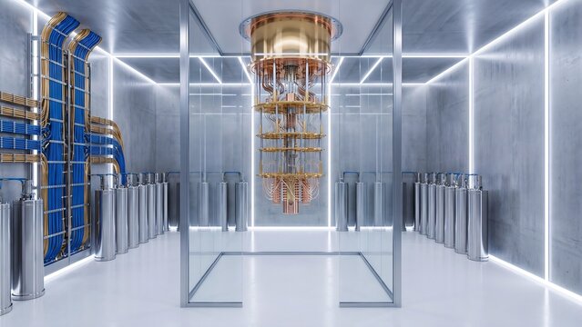 Quantum computer with golden dilution refrigerator suspended in a glass enclosure inside a modern laboratory with cryogenic cylinders and blue cabling in bright lighting