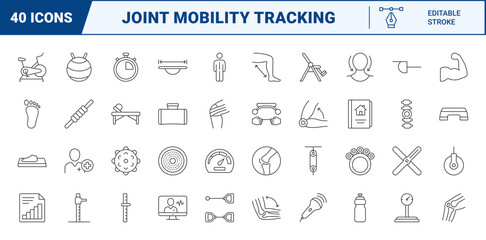 Fototapeta premium Range of motion therapy line icon set. Vector pictograms of rehabilitation, joint mobility, physical therapy, and exercise equipment elements, thin linear illustration.