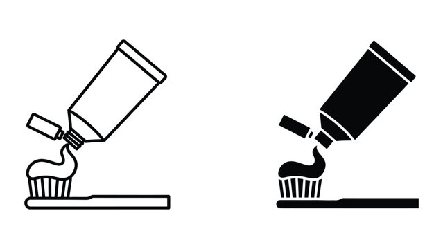 Professional Minimal Vector Icon Toothpaste tube squeezing onto toothbrush head vector icon Editable Stroke, Outline and Solid Style, Black Monochrome, Isolated on White Background