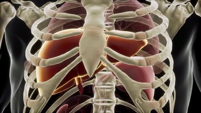 Hyper-Realistic 3D Medical Animation of a Transparent Human Torso Showcasing Internal Organs with Emphasis on the Liver in a Dark Background