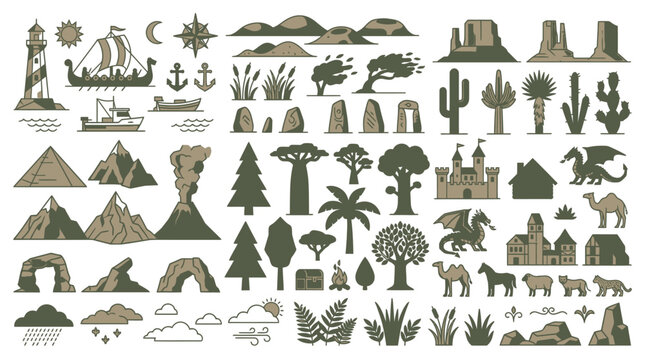 Set di icone vettoriali piatte che rappresentano paesaggi naturali, edifici storici, creature mitologiche, alberi, piante e elementi marittimi su sfondo bianco isolato