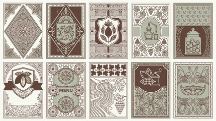 Fototapeta premium Set di dieci etichette decorative in stile vintage con illustrazioni di cacao, chicchi di caffè, motivi floreali, cornici geometriche e disegni ornamentali eleganti per packaging