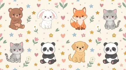 Fototapeta premium Seamless pattern of cute grumpy cartoon animals including a bear, rabbit, fox, cat, panda, and dog