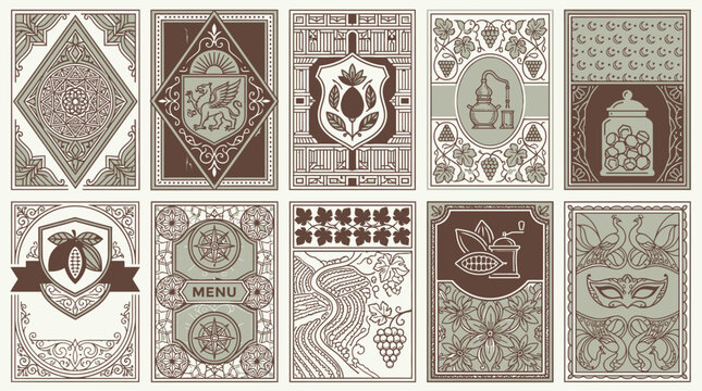 Set di dieci etichette decorative in stile vintage con illustrazioni di cacao, chicchi di caff&egrave;, motivi floreali, cornici geometriche e disegni ornamentali eleganti per packaging