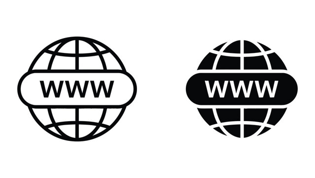 Professional Minimal Vector Icon Globe with www text icon Editable Stroke, Outline and Solid Style, Black Monochrome, Isolated on White Background