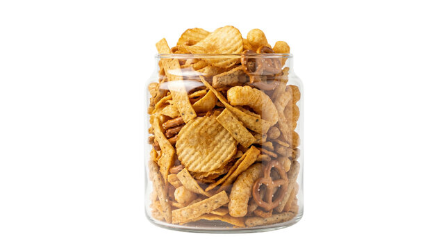 Salty snack mix in glass jar, assorted potato chips and pretzels party food, crunchy savory appetizers for movie night and social gatherings isolated on White Background